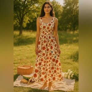 Sincerely Jules Maxi Dress Med Tan Floral Smocked Beachy Vacation Prairie Boho